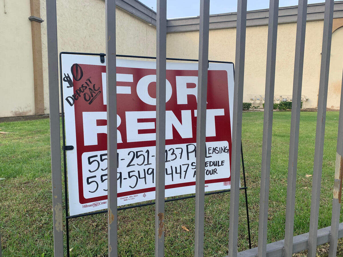 A “For Rent” sign in southeast Fresno.
